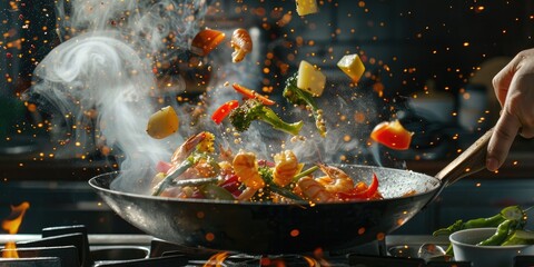 Chef cooking vegetable and seafood stir fry in a wok on a gas stove Levitating vegetables in motion skillfully tossed by the chef s hand Creative culinary artistry in action