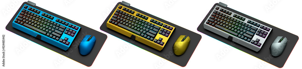 Poster collection of mechanical keyboards and mouse isolated on white background with clipping path. 3d ren