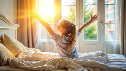 Girl Waking Up in Sunny Bedroom. - Powered by Adobe