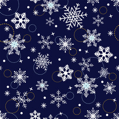 White Snowflakes on Blue Background. Perfect Seamless Pattern. Christmas winter background.