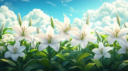 Beautiful White Lilies in Bloom Under a Bright Blue Sky with Fluffy Clouds