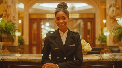 a small bell from the hotel's elegant front desk, a smiling clerk welcomes guests.