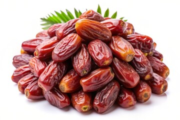 Close-up of a Pile of Fresh Dates with Palm Leaves.