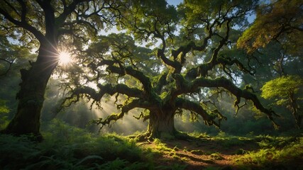 Majestic mossy tree with sunrays bursting through the canopy in a lush green forest.