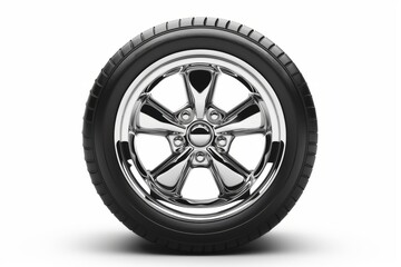 Close-up of a modern car wheel with chrome alloy rim on white background. High detail, clean style. Ideal for automotive, design, and repair themes. Generative AI