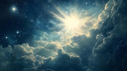 Fototapeta premium 19. A celestial backdrop with radiant, undulating clouds and star-like points of light