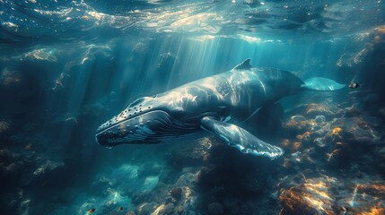 Fototapeta premium Majestic Humpback Whale Glides Gracefully Through the Serene Underwater Realm