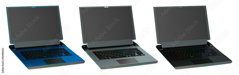 Poster set of modern laptops with rgb lights isolated on white background with clipping path. 3d render of 