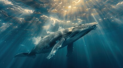 Fototapeta premium Majestic Underwater Whale Swimming Gracefully in the Serene Ocean