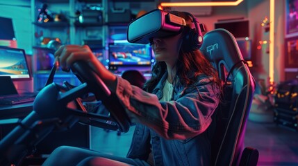 Young Woman Playing Virtual Reality Racing Game