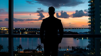 Fototapeta premium A businessman stands in a high-rise office, gazing out a large window at the city below, as the sun sets in the background