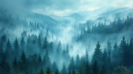 Mysterious Misty Mountain Forest Landscape with Ethereal Atmosphere