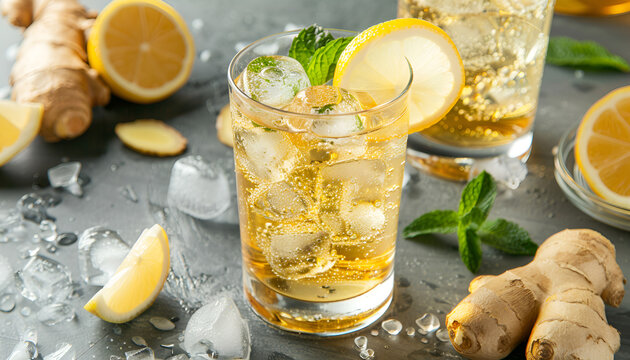 Glass of tasty ginger ale with ice cubes and ingredients on grey table