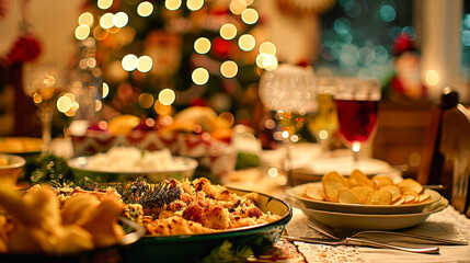 A table laden with a Christmas dinner feast, featuring roasted vegetables and a side dish of potato chips, under the warm glow of twinkling lights