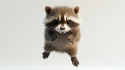 Fototapeta premium Jumping Baby Raccoon Portrait Against Soft Background Depicting Cute Animal Moment