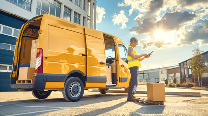 Naklejka premium A delivery man in a yellow vest stands next to an open van, checking details on a tablet amid a sunny day filled with fluffy clouds