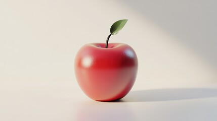 Minimalistic Rendering of a Shiny Red Apple with Single Leaf on Light Background