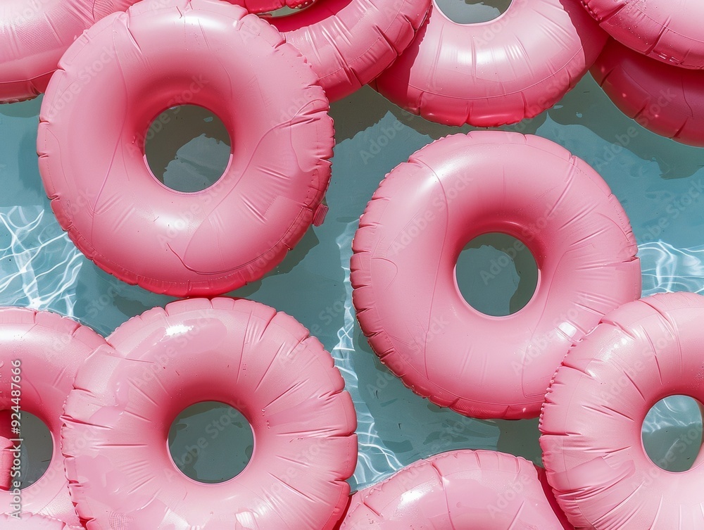 Poster aerial view of symmetrical pattern with vibrant pink inflatable rings on water, soft diffused lighti
