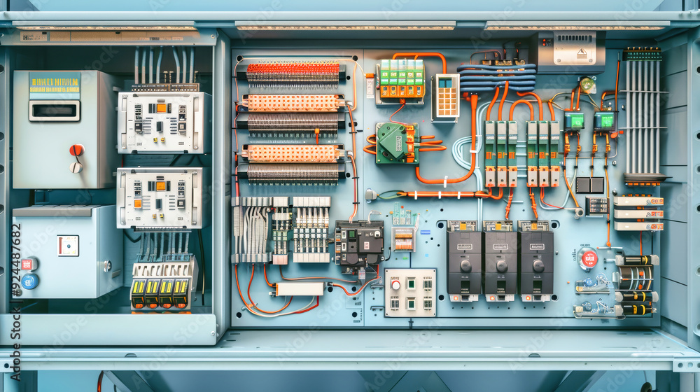 Poster a detailed view of a control panel with various electrical components, revealing the complexity and 