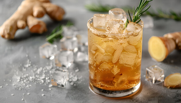 Glass of tasty ginger ale with ice cubes and ingredients on grey table