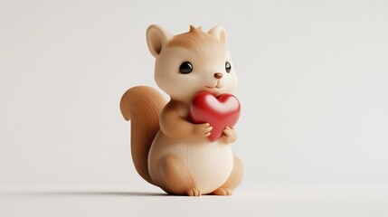 Cute Wooden Squirrel Holding a Heart on White Background