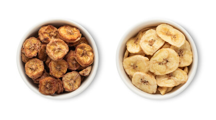 Bowls with dried healthy organic banana bites isolated on white background.Top view.