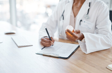 Fototapeta premium Hands, prescription and pills in hospital for healthcare, wellness and health in clinic. Medicine, medication and woman physician with drug, product and document for dispensary treatment or research