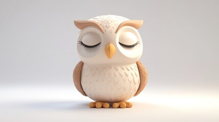 Adorable Ceramic Owl Sculpture with Dreamy Eyes Against a Minimalist Background