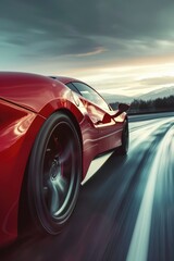 A red sports car is speeding down a road