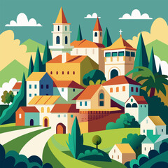 a colorful illustration of a town with a town in the background.