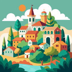 a picture of a town with a church and a river.