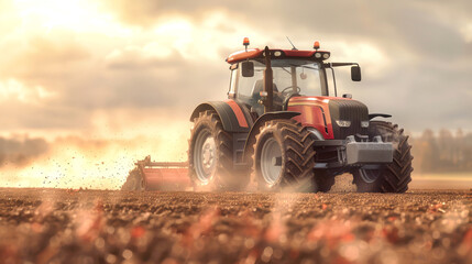 Fototapeta premium A modern tractor cultivates a dusty field, kicking up clouds as it works the soil against a backdrop of a stunning twilight sky
