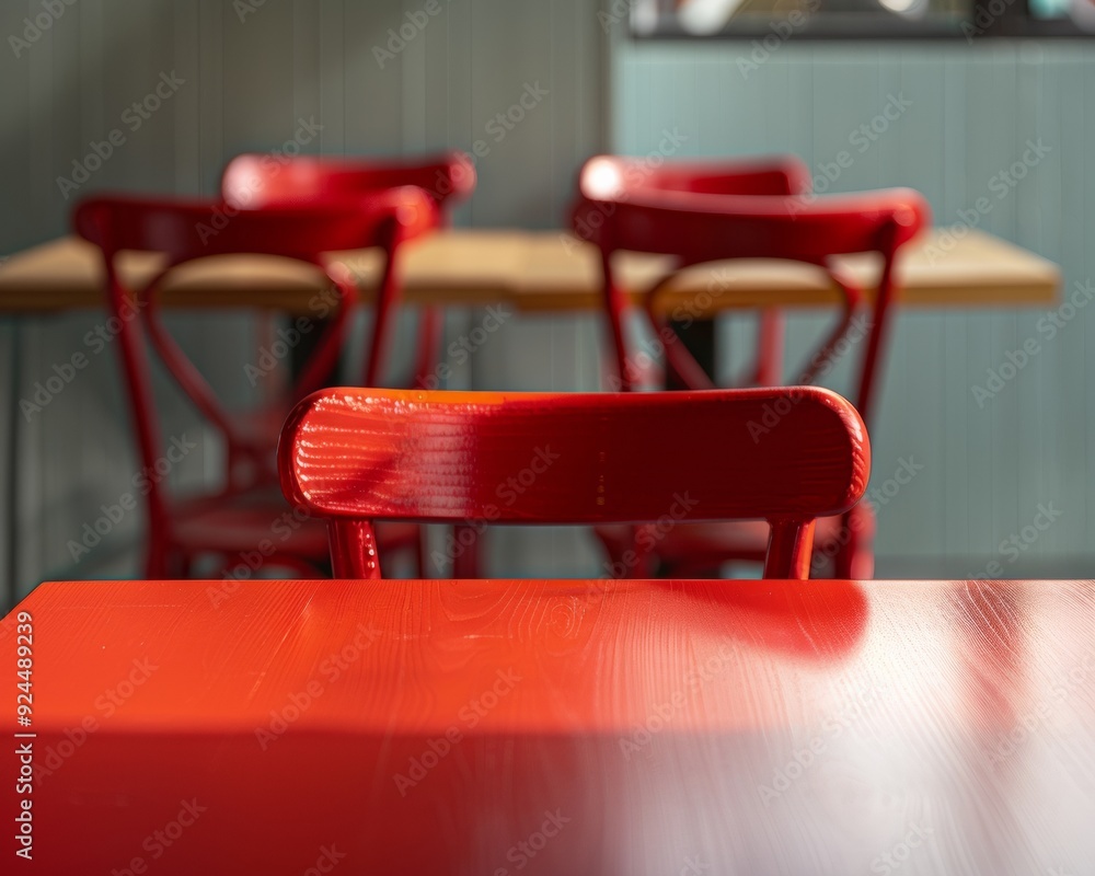 Aufkleber Minimalist Graph of Soft Red Table Surface Amidst Bokeh Dining Scene with Natural Sunlight in a Modern Fresh Atmosphere