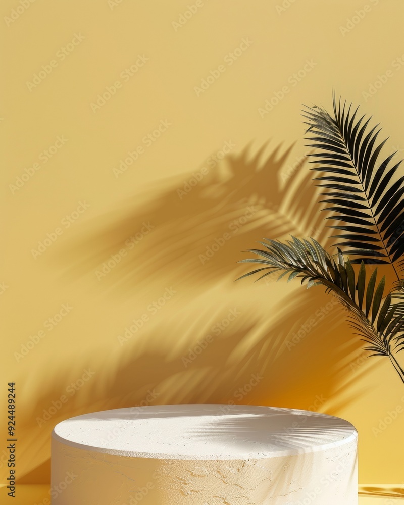 Poster Minimalist Yellow Podium Mockup with Palm Shadows on Beige Background in Soft Diffused Lighting for Product Showcase