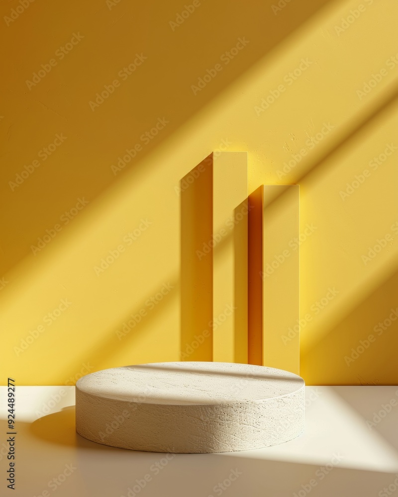 Poster minimalist vibrant yellow podium scene with soft shadows and diffused natural lighting, ideal for pr