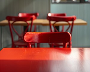 Minimalist Graph of Soft Red Table Surface Amidst Bokeh Dining Scene with Natural Sunlight in a Modern Fresh Atmosphere