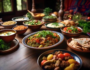 Fototapeta premium Close-Up of Diverse Ethnic Banquet with Diet-Friendly Options