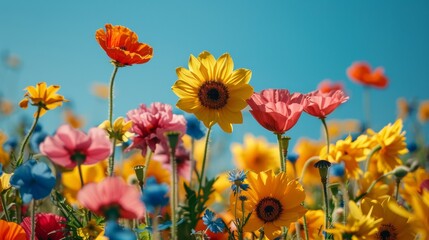 Obraz premium Vibrant Spring Flowers in Bloom Colorful Sunflowers and Poppies under a Clear Blue Sky on Thanksgiving Day