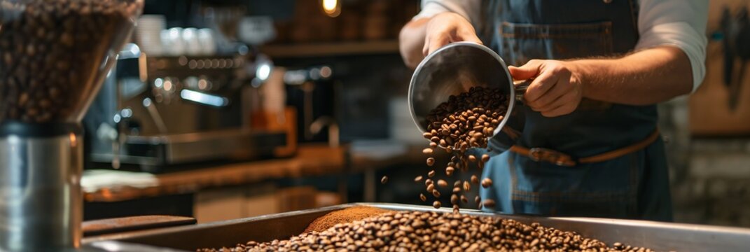 A scene of coffee beans being poured into a roasting machine by a barista in a cafe, emphasizing the roasting process and fresh coffee preparation. - Powered by Adobe