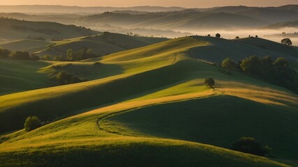 Fototapeta premium Golden hour light illuminates rolling green hills and valleys, with a solitary tree on a hillside.