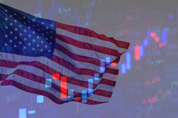 American flag overlaid with stock exchange trading chart, a representation of the US stock market