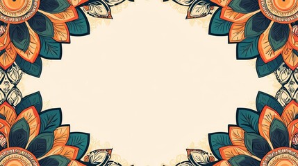 Ornate Indian mandala inspired floral frame in warm orange and green tones for traditional invitations or cultural event announcements