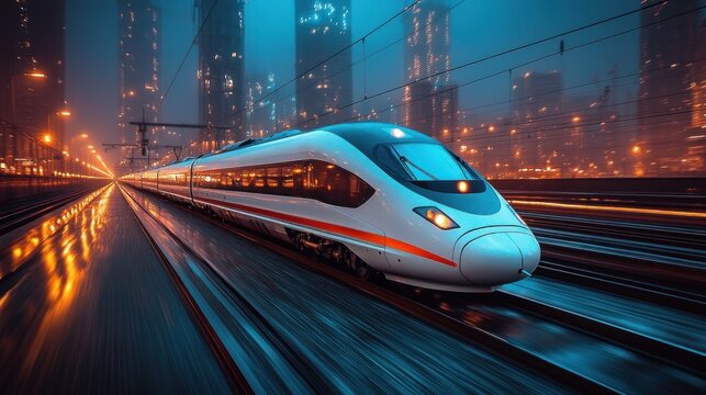 Modern bullet train speeding through vibrant urban night