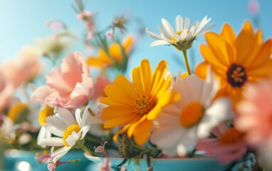 Fototapeta premium Close Up of Sophisticated Midday Tea Party Centerpiece with Pastel Floral Arrangement, Elegant Teacups and Saucers in Soft Natural Lighting