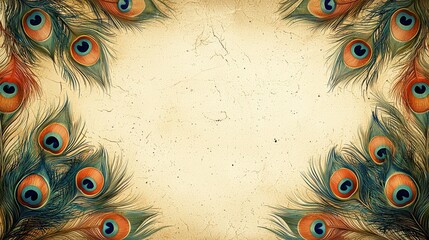 vintage background with peacock feathers and textured parchment ideal for traditional invitations or heritage themed designs