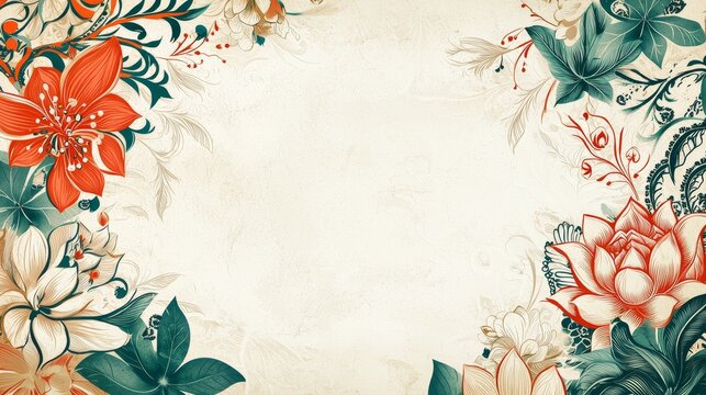 Decorative Indian floral frame with orange and green flowers on aged parchment background for traditional event invitations or cultural designs