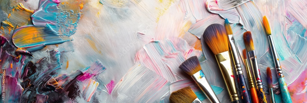 Poster a colorful array of paintbrushes rests on a textured canvas with bold brush strokes, displaying a vi