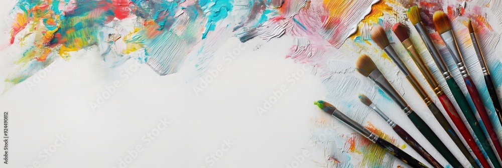Poster an array of colorful paintbrushes lies on a partially painted canvas, showcasing different brush siz