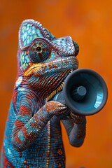 Chameleon holding a megaphone, bright orange background, vivid colors, surreal and quirky