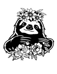 Cute Floral Sloth Illustration, Sloth Cut File, Flora Animal Stencil, Cute Sloth Vector, Baby Sloth Clipart 